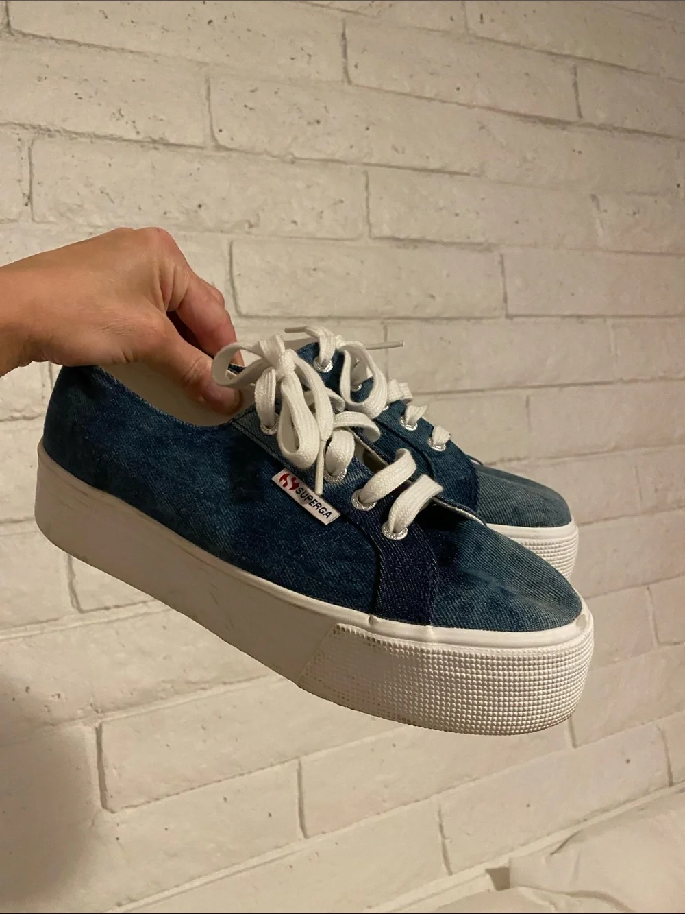 🌼 Superga Denim Lace-Up Platform Sneakers in Dark Blue Excellent Condition